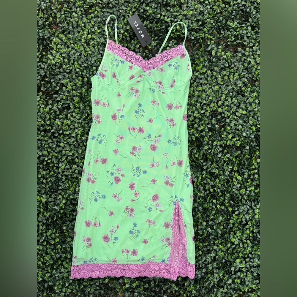 Motel Rocks Green and Pink Floral Slip Dress